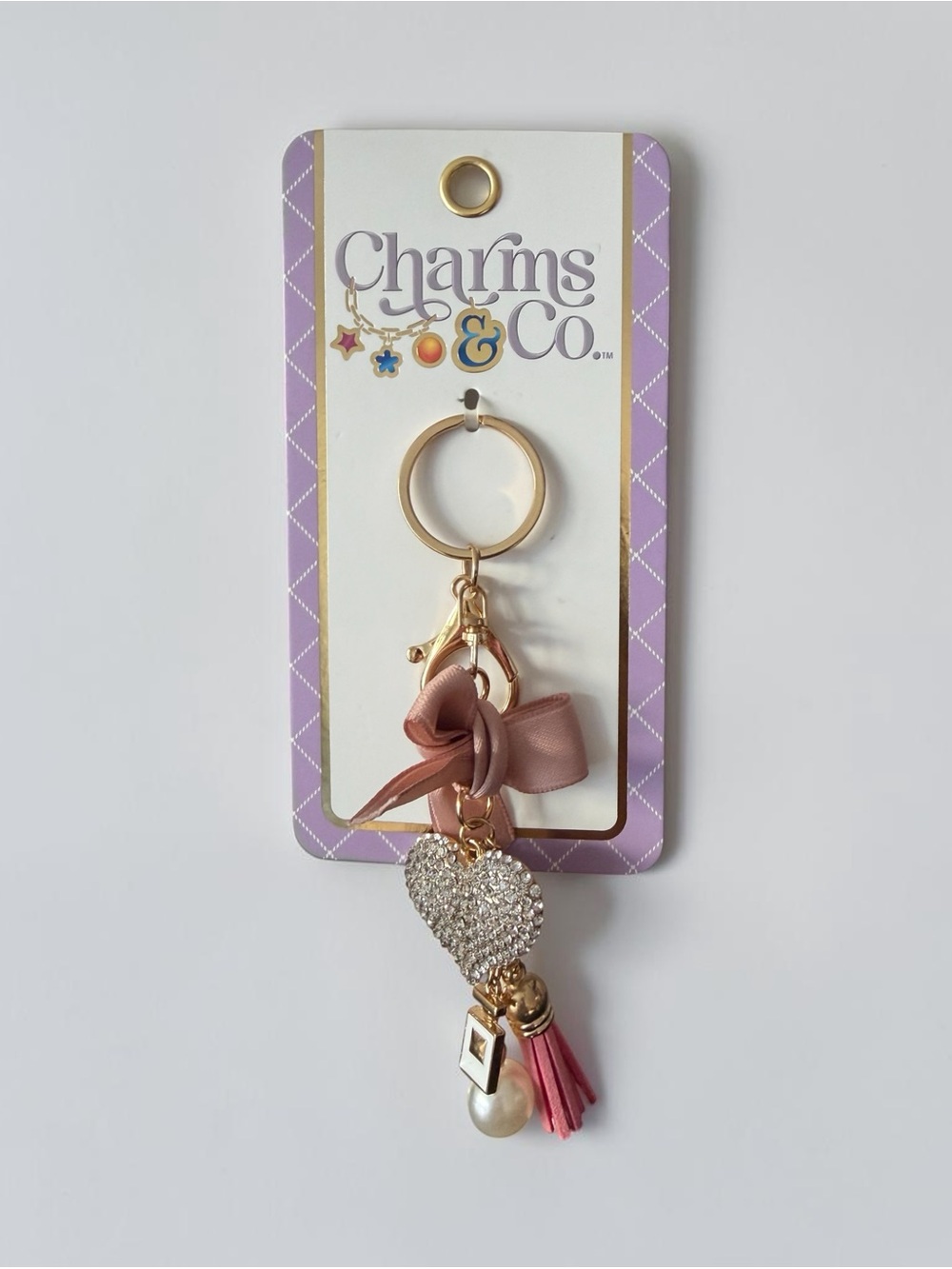 Charms & Co. Pink Bow Crystal Heart Keyring Bag Charm